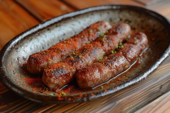 A delectable array of international sausages adorn a rustic wooden table, representing a diverse and flavorful world of cuisine