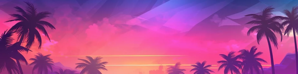 Tuinposter Roze Palms silhouettes at neon sunset sky. Night landscape with palm trees on beach. Creative trendy summer tropical background. Vacation travel concept. Retro, synthwave, retrowave style. Rave party