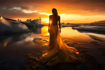 beautiful woman in a lush yellow dress on the shore of Iceland among the ice against the backdrop of sunset