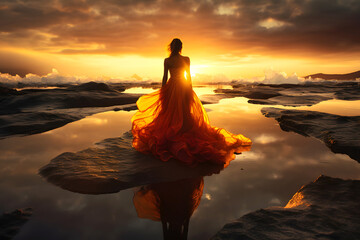 beautiful woman in a lush yellow dress on the shore of Iceland among the ice against the backdrop of sunset