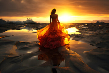 beautiful woman in a lush red dress on the shore of Iceland among the ice looks at the sunset.