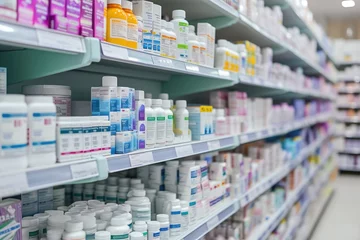 Stof per meter A pharmacy shelves displaying a diverse range of pharmaceuticals for various health needs © piai