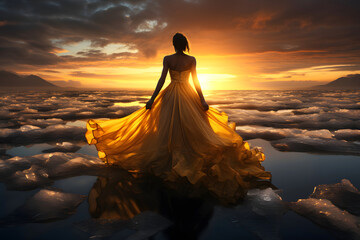 Fototapeta na wymiar beautiful woman in a lush yellow dress on the shore of Iceland among the ice looks at the sunset.
