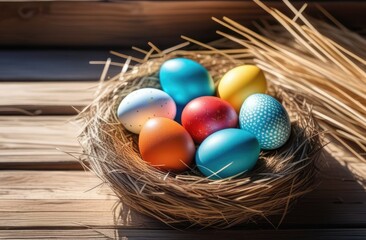 Easter colored eggs in a nest on a wooden background. Easter holiday concept. Country style