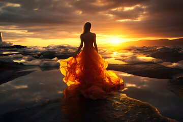 Fototapeta na wymiar beautiful woman in a fluffy dress on the shore of the winter sea among the ice looks at the sunset.