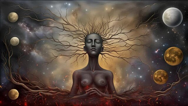 Mystical surrealism conceptual abstract fantasy art, astrological horoscope, universe. Suitable for content illustration like religion, meditation, science, healing therapy, etc. State of mind, cosmos