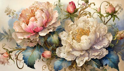 ornate floral arrangements with a baroque aesthetic, backgrounds suggest texture