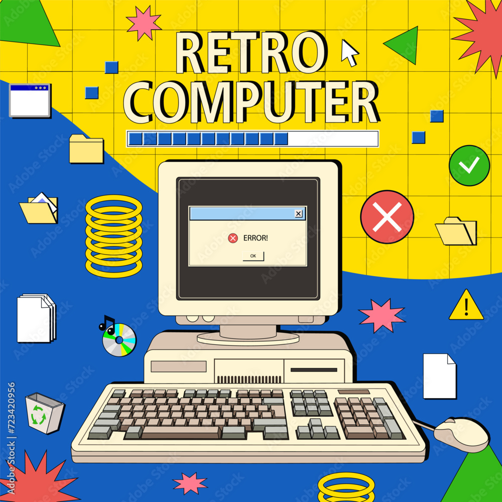 Fototapete retro poster with an old computer and keyboard in 90s style. front faced. cartoon style. linear retr
