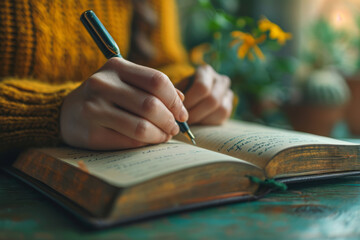 A person writing in a gratitude journal, reflecting on and appreciating life's blessings. Concept of gratitude and reflective mindfulness. Generative Ai.