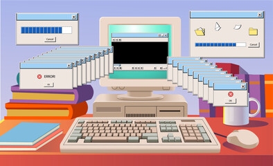 Retro computer with screen and keyboard. Computer 80-90s. Front faced. Cartoon style.