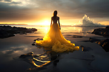 Fototapeta na wymiar beautiful woman in a lush yellow dress on the shore of Iceland among the ice against the backdrop of sunset