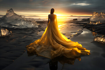 Fototapeta na wymiar beautiful woman in a lush yellow dress on the shore of Iceland among the ice against the backdrop of sunset