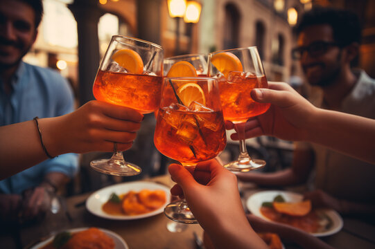 Italian famous drink in hands of five cheerful people making a toast at sunset. Close up of drinks and hands. Roma landscape in the background