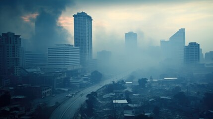 Fototapeta na wymiar Smokey Cityscape A hauntingly beautiful shot of a city consumed by smoke, capturing the damaging effects of urban pollution on the environment.