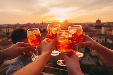 Italian famous drink in hands of five cheerful people making a toast at sunset. Close up of drinks and hands. Roma landscape in the background - obrazy, fototapety, plakaty