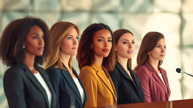 Group Of Businesswomen Standing In A Row At A Conference Or Meeting.