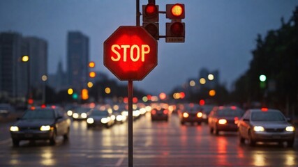 A realistic capture of a "Give Way" road sign at an urban intersection during sunset with city lights in the background.