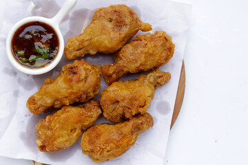 Fried chicken on white background.