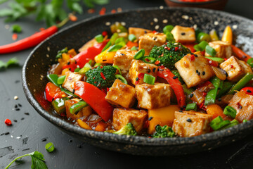 A vegetable stir-fry with tofu, offering a balanced and protein-packed meal. Concept of quick and healthy meal preparation. Generative Ai.