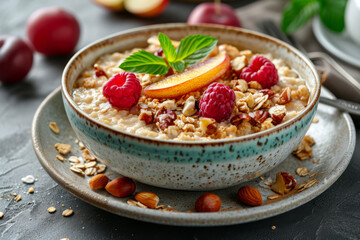 Baked oatmeal with fruit and nuts, a comforting and nutrient-dense breakfast option. Concept of warm and healthful morning meals. Generative Ai.