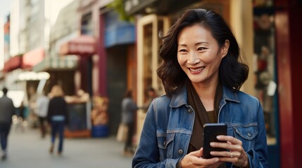 Happy smiling mid adult woman is using a smartphone outdoors