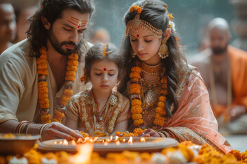 A family maintaining their cultural traditions, celebrating with festivals and rituals. Concept of cultural preservation and family heritage. Generative Ai.