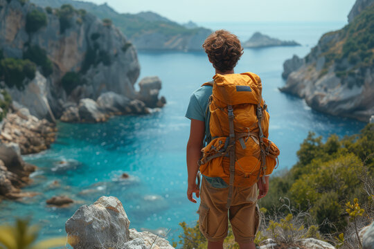 A young adult backpacking across countries, seeking new experiences and self-discovery. Concept of exploration and personal growth. Generative Ai.