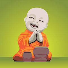 little buddha with drum. Buddhist monk cartoon character. 