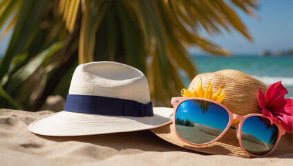 hat, sunglasses on the background of the sea