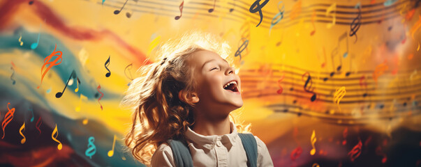 Girl singing on the abstract colourful background with musical notes.