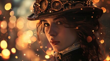 A portrait of a woman with a steampunkinspired top hat, adorned with copper clock hands and gears. The glowing particles around her head have a copper sheen, adding to the magical ambiance