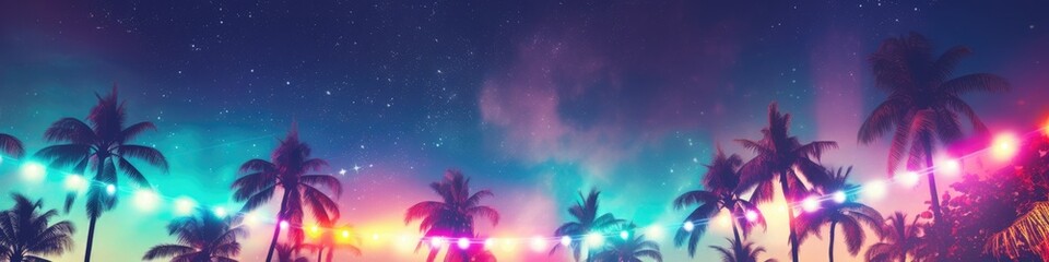 Palms silhouettes at neon sunset sky. Night landscape with palm trees on beach. Creative trendy summer tropical background. Vacation travel concept. Retro, synthwave, retrowave style. Rave party