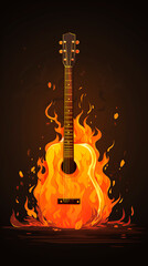 Drawing of cartoon style guitar engulfed in flames on a dark background