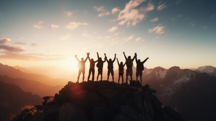 Peak triumph: silhouettes a top mountain, joyous group celebrates team success , embodying shared victories, harmonious collaboration, euphoria of collective achievement in nature's majestic embrace. - obrazy, fototapety, plakaty