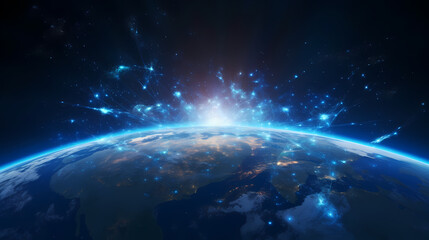 Fototapeta premium Blue space background with earth planet satellite view