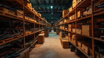 Warehouse with weapon, perspective view, firearm stored on rack shelves in large dark storage. Illegal smuggle arsenal of guns. Concept of war, military industry, shop, package