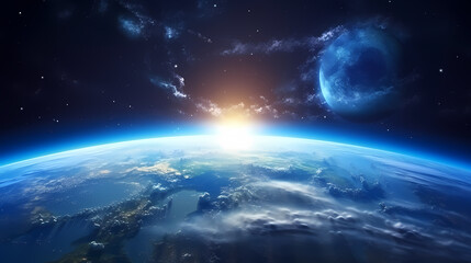 Obraz na płótnie Canvas Blue space background with earth planet satellite view