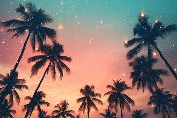 Fototapeta na wymiar Palms silhouettes at neon sunset sky. Night landscape with palm trees on beach. Creative trendy summer tropical background. Vacation travel concept. Retro, synthwave, retrowave style. Rave party