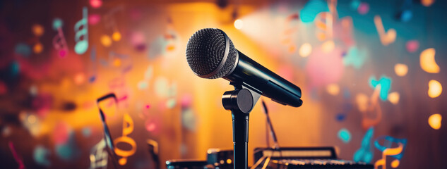 Black microphone on the abstract colourful background with musician notes.