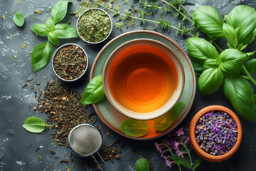 An herbal tea preparation flat lay with loose leaves, a strainer, and a cup. Concept of natural wellness and herbal remedies. Generative Ai. - obrazy, fototapety, plakaty