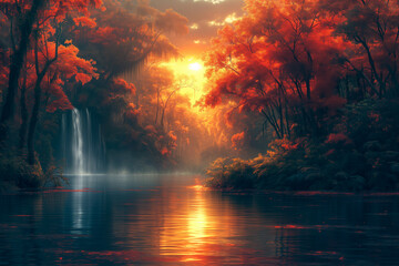 Waterfall in the forest at sunset romantic landscape wallpaper, in dark red and light amber hues, realistic fantasy artwork, faith-inspired art.
