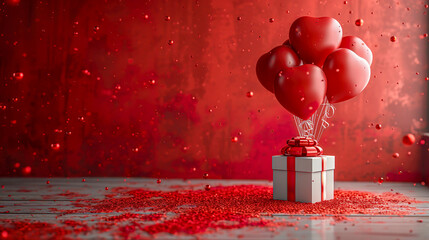 red gift box with red balloons background