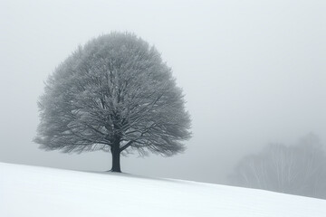 Fototapeta na wymiar A minimalist photograph of a single tree in a vast snowy landscape, highlighting the starkness and isolation. Concept of solitude and simplicity in negative space. Generative Ai.