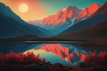 Fototapeta na wymiar Monochromatic backdrop, sunset over the forested mountain landscape