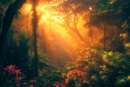 Sunset in the jungle brightly colored background 8K wallpaper depicting botanical abundance, in the style of epic fantasy scenes.