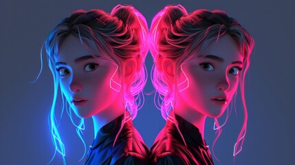 3D系のアニメ双子女性,Generative AI AI画像