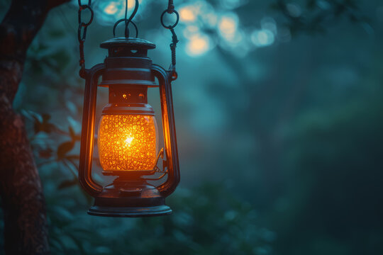 An image of a lone lantern hanging against a plain background, creating a sense of depth. Concept of simplicity and depth in photography. Generative Ai.