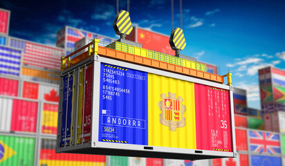 Freight shipping container with national flag of Andorra - 3D illustration - obrazy, fototapety, plakaty