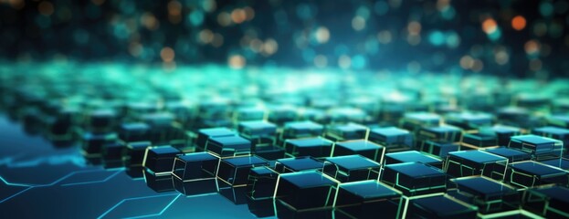 Fototapeta premium blue and green hexagonal structure with technology concept, in the style of light black and dark aquamarine, numerical complexity