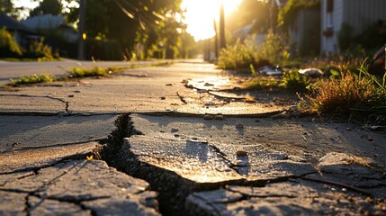 A cracked and uneven sidewalk in a neglected neighborhood, portraying the neglected infrastructure and lack of urban development.